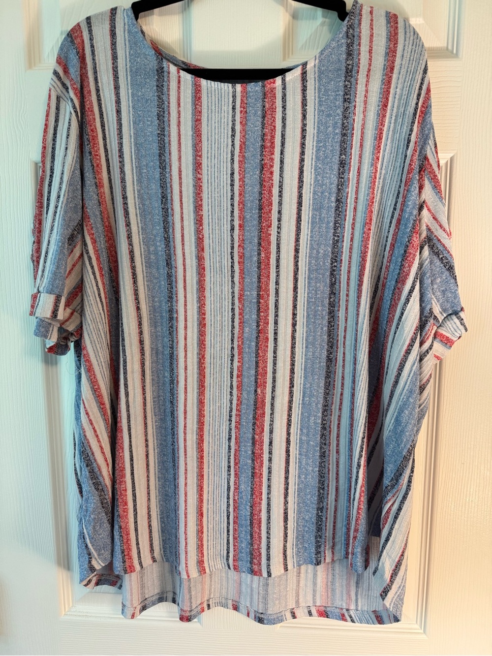 Striped Short-Sleeve Tunic Top in Red, Blue & White